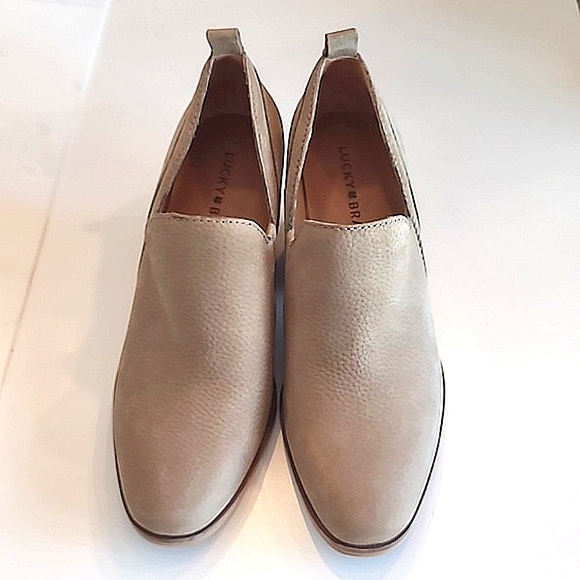 Lucky Brand Vennia Leather Ankle Boot Cream Textured Stacked Square Heel Pebbled - Picture 6 of 17